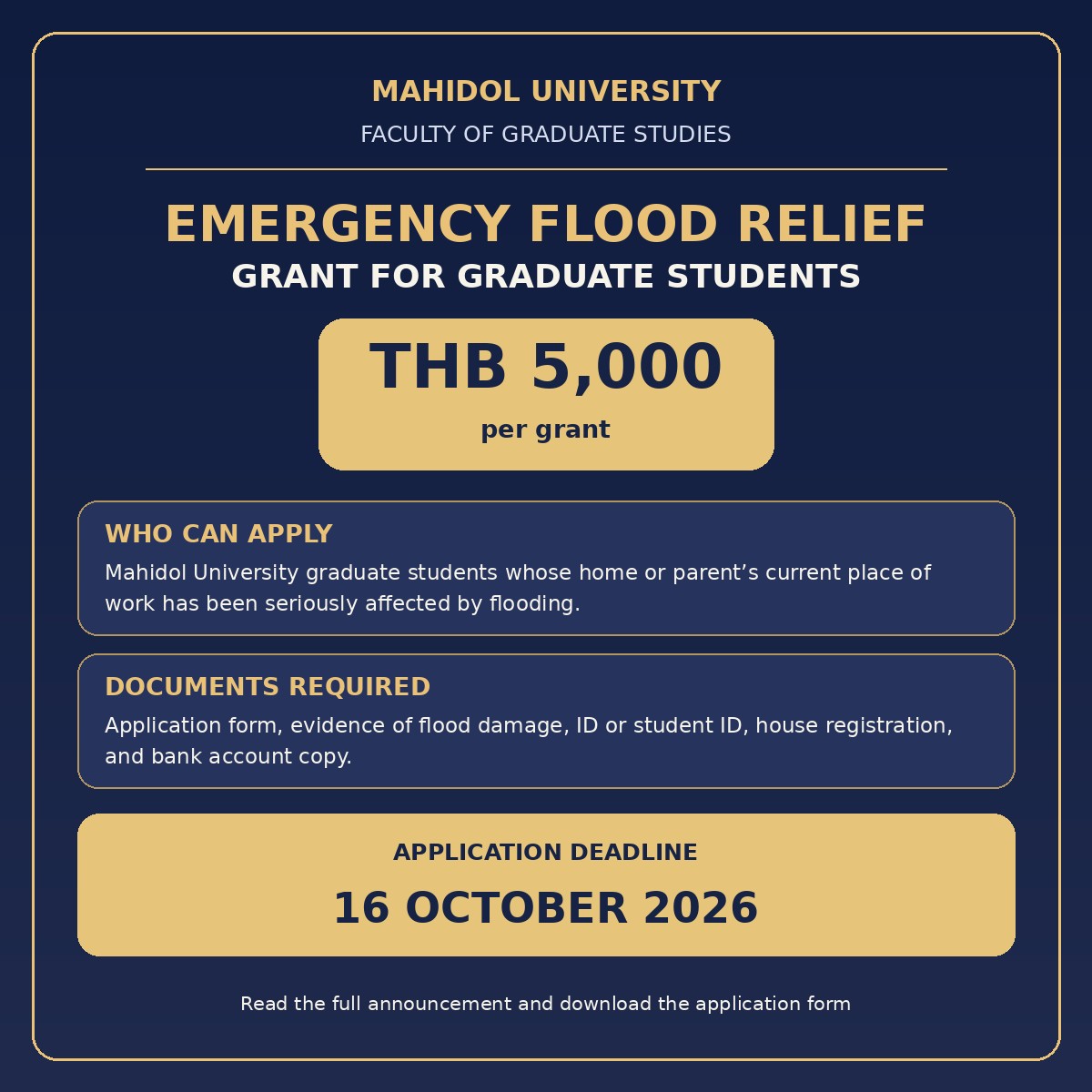 Emergency Flood Relief Grant for Mahidol University Graduate Students