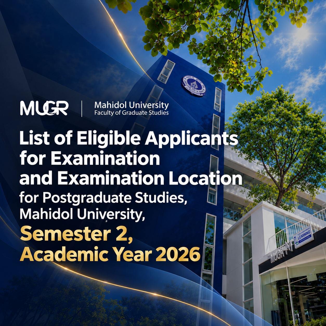 List of Eligible Applicants for Examination and Examination Location for Postgraduate Studies, Mahidol University, Semester 2, Academic Year 2026